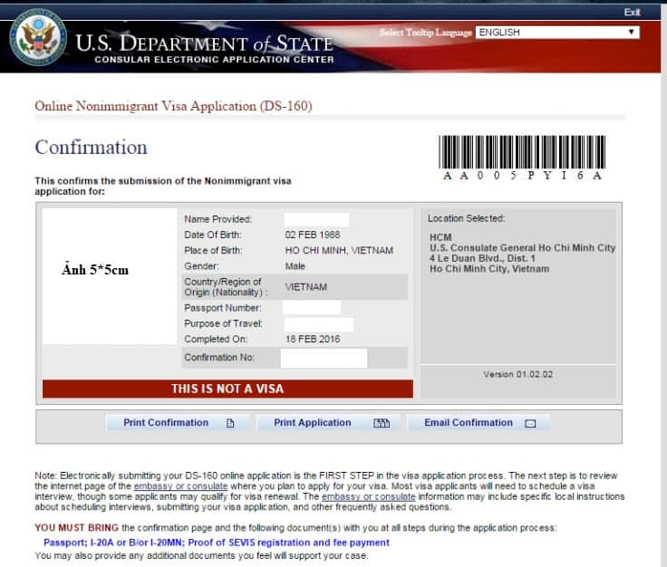 Mẫu đơn xin visa Mỹ